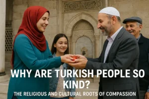A smiling Turkish woman offering tea as a gesture of hospitality