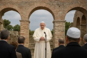 Pope Leo XIV leading a prayer at İznik, with Turkish hosts exemplifying Islamic hospitality